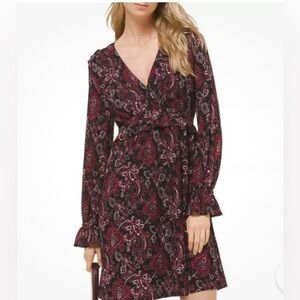 Michael KORS/
 Short V-Neck Long-Sleeve Fall Paisley Dress Maroon/ XS ✨Host Pick